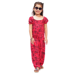 Berry Printed Girls Jumpsuit (Red)