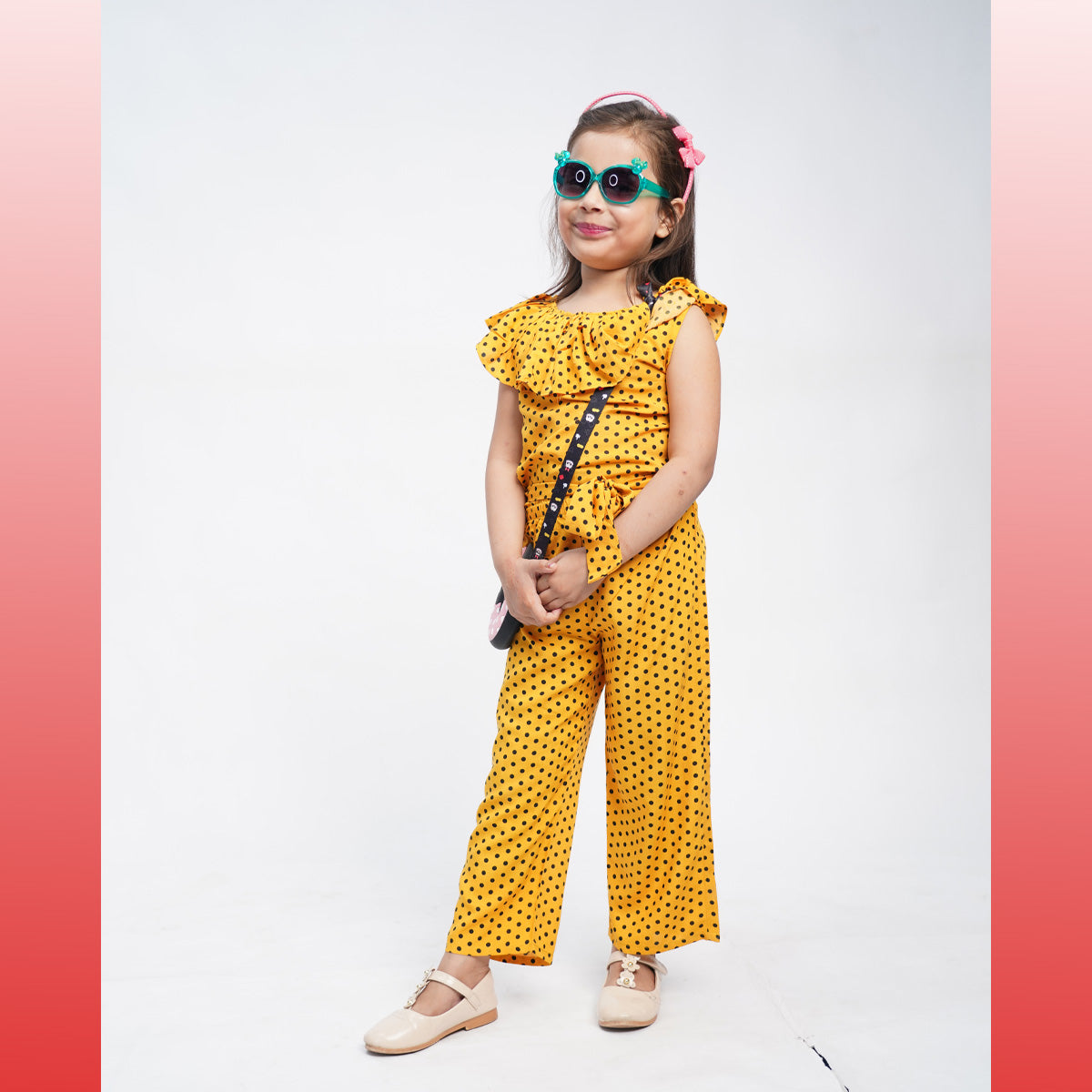 Yellow Dots Printed Girls Jumpsuit