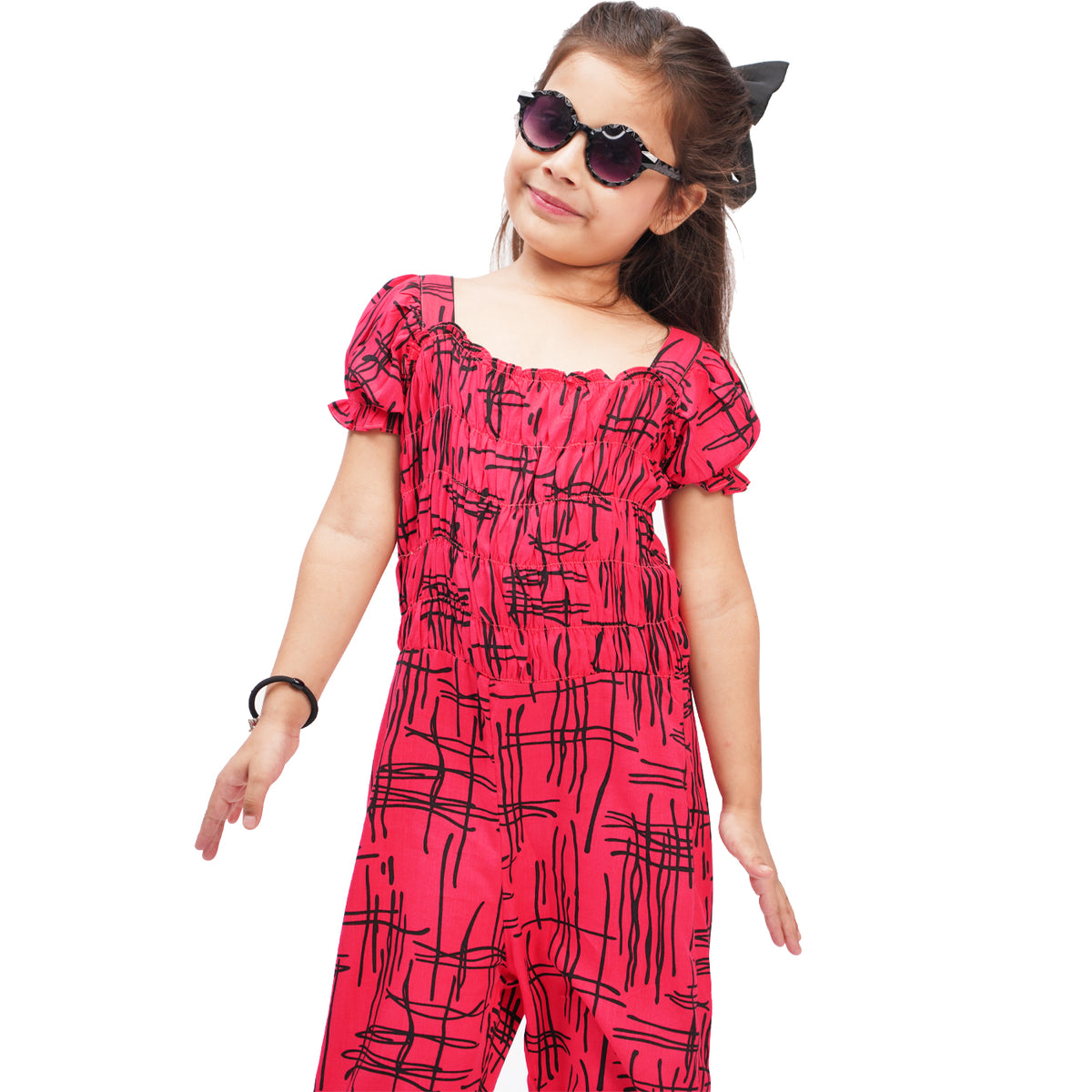 Berry Printed Girls Jumpsuit (Red)