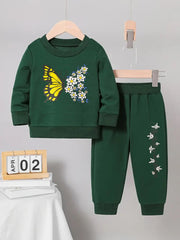 Butterfly Print Cotton Blend Activewear Set - Ribbed Crew Neck Sweatshirt & Joggers, Machine Washable - Perfect for Spring/Fall, Perfect for Outdoor