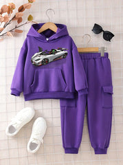 Boys Sports Car Fleece Sets 2pcs, Hoodies & Jogger Pants,