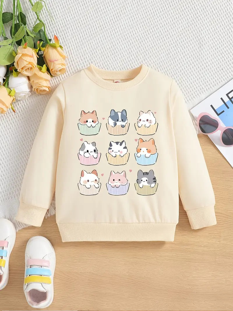 Cozy & Cute  Cat Print Girls' Sweatshirt